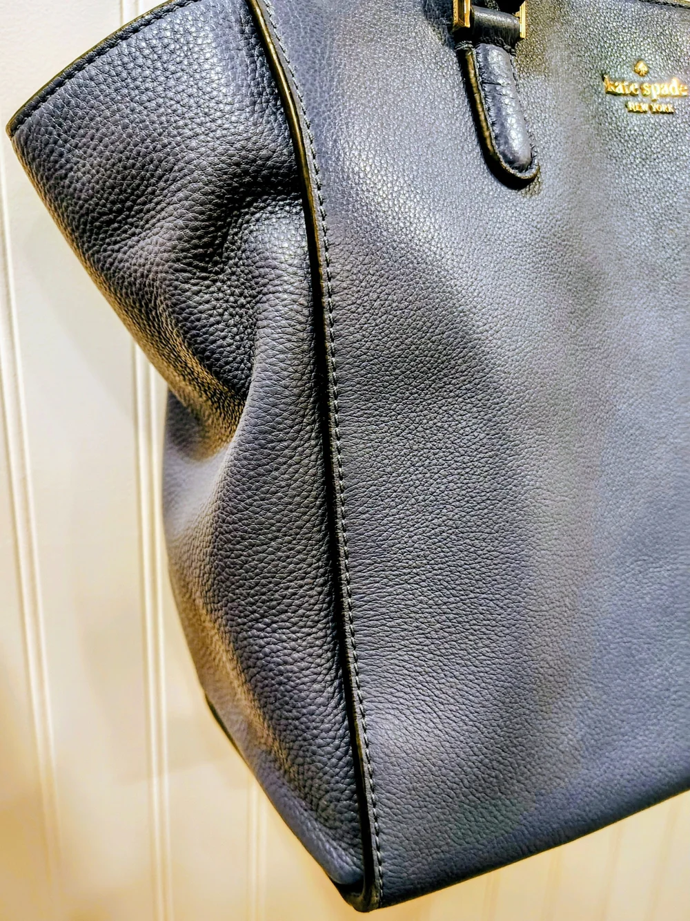 Kate Spade Cowhide Leather Tote with Cream Lining, Navy Blue EUC
